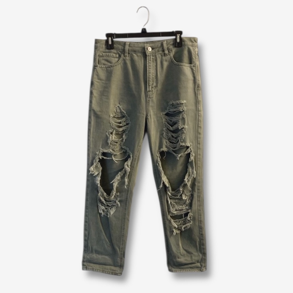 American Eagle Ripped Mom Jeans Distressed Denim High Rise Olive Green 10 XSHORT